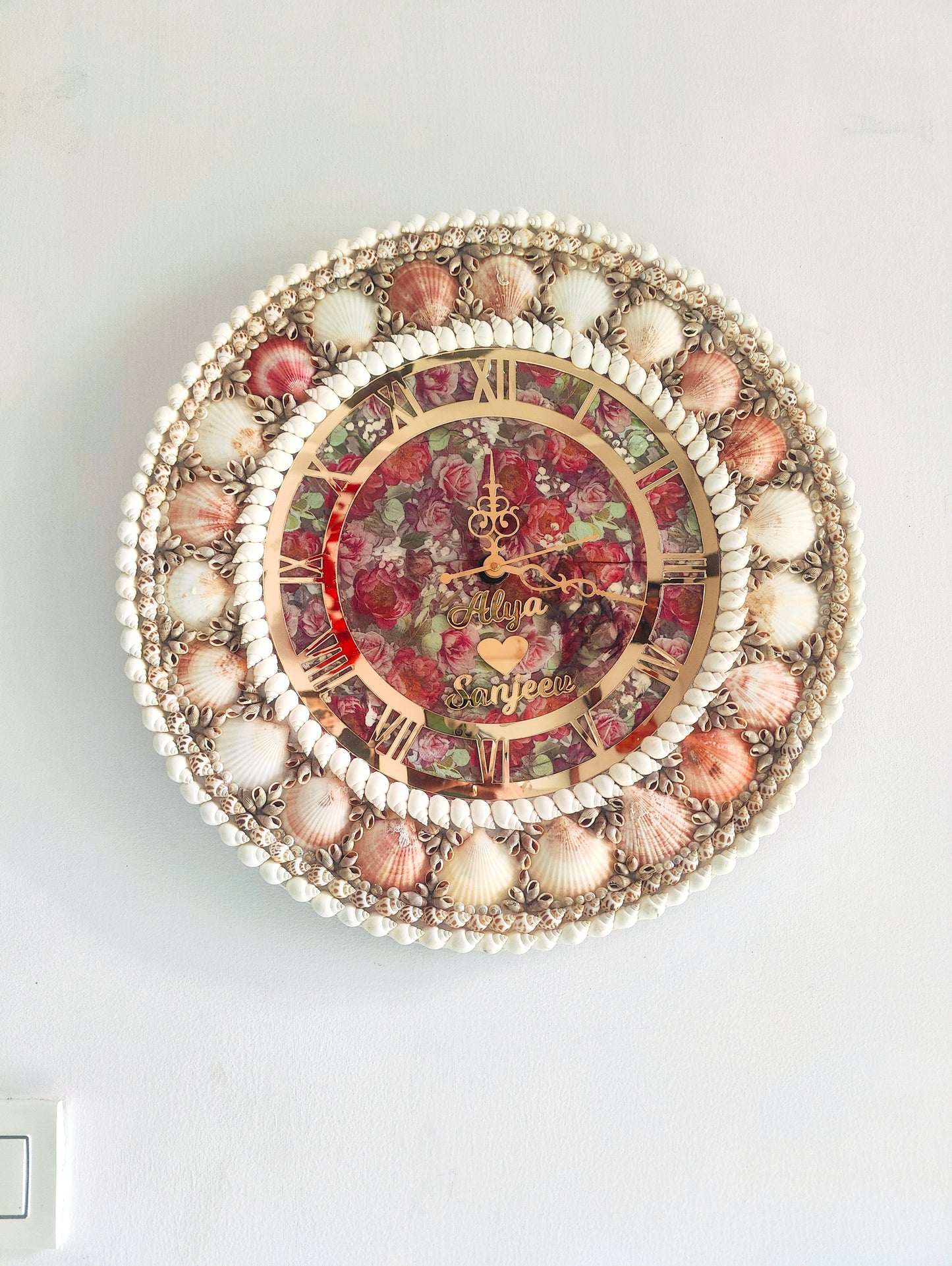 Eternal Bloom: Personalized name Seashell Wall Clock with Floral Dial - Shellkrafts