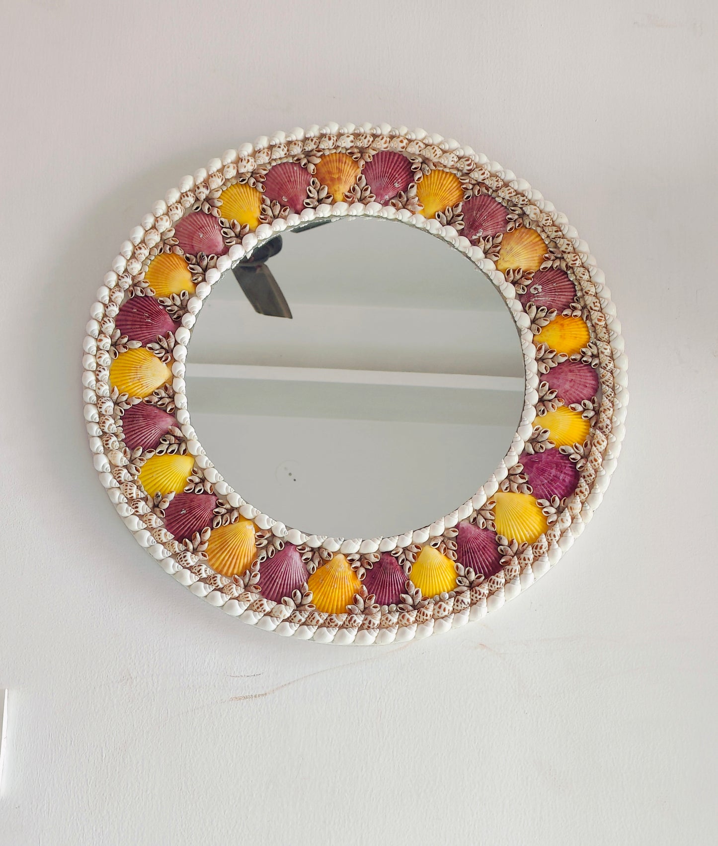 Handcrafted Seashell Wall Mirror – Round Coastal Decor with Yellow & Purple Shells - Shellkrafts