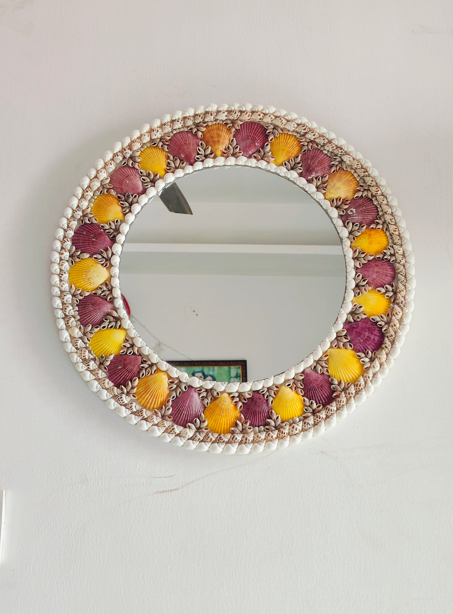 Handcrafted Seashell Wall Mirror – Round Coastal Decor with Yellow & Purple Shells - Shellkrafts
