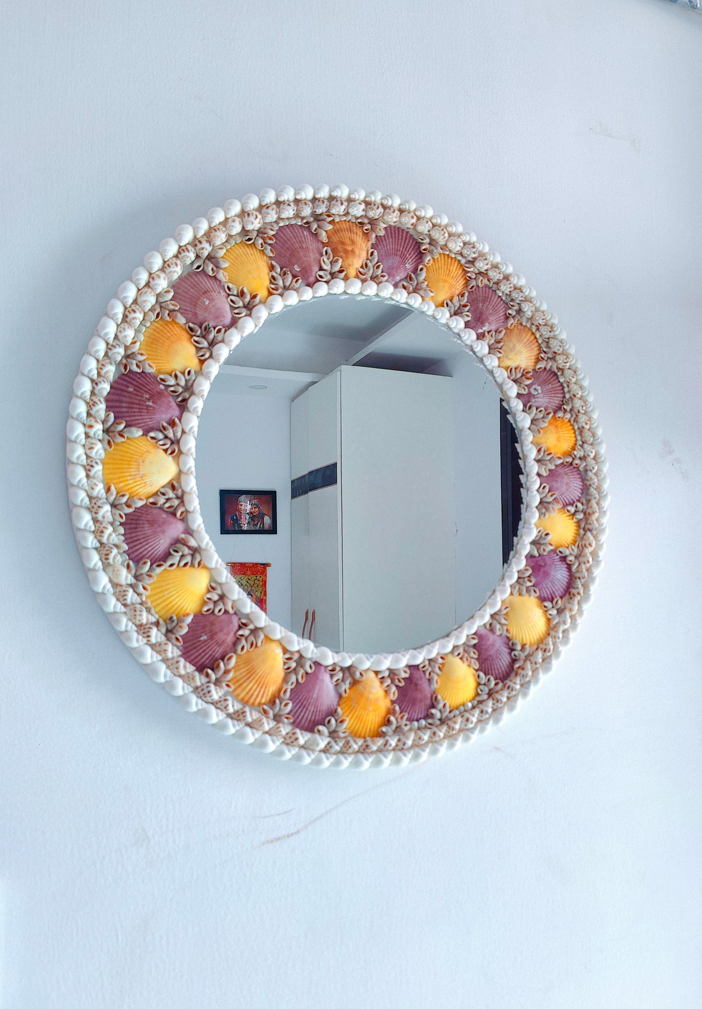 Handcrafted Seashell Wall Mirror – Round Coastal Decor with Yellow & Purple Shells - Shellkrafts