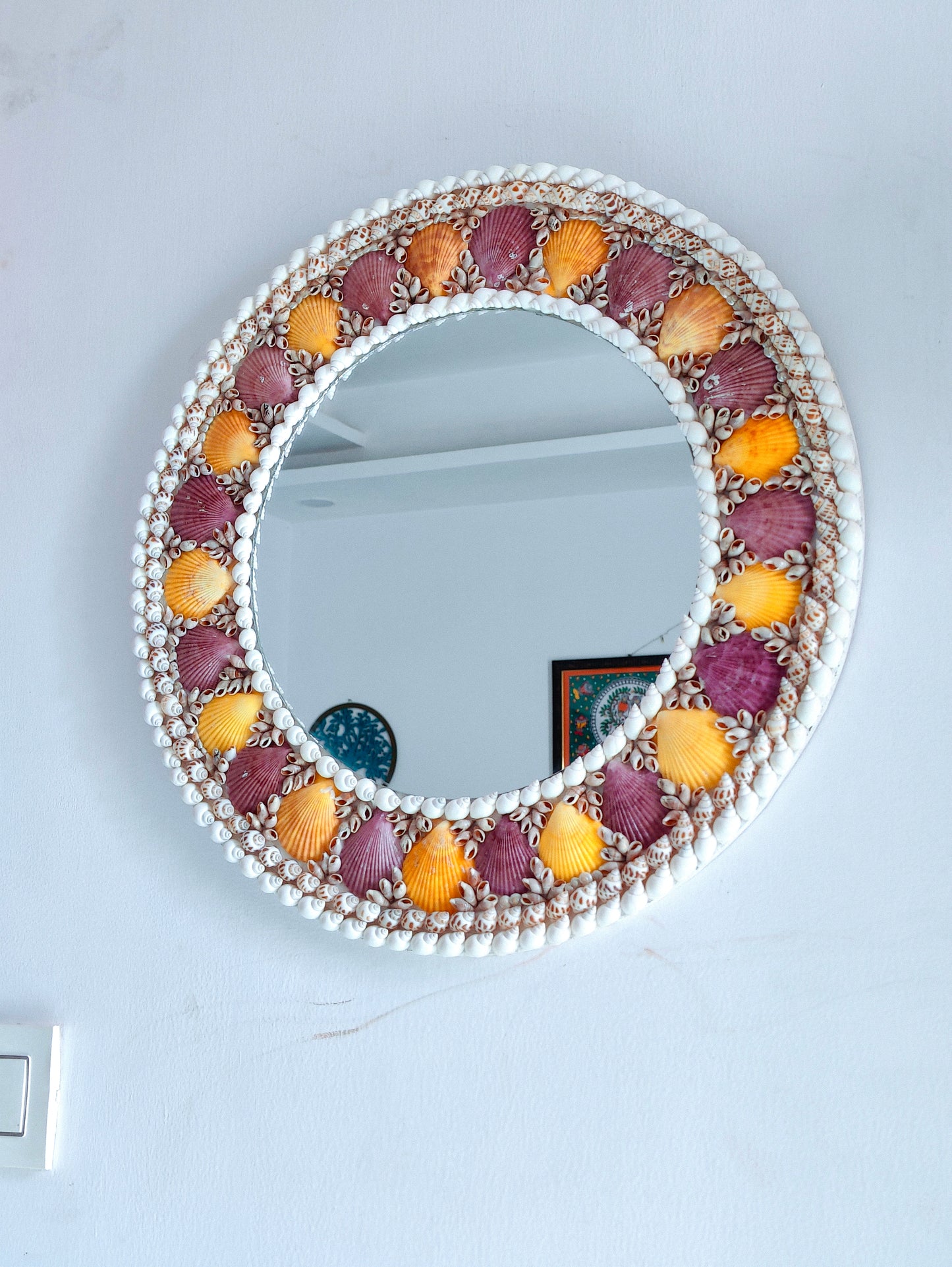 Handcrafted Seashell Wall Mirror – Round Coastal Decor with Yellow & Purple Shells - Shellkrafts
