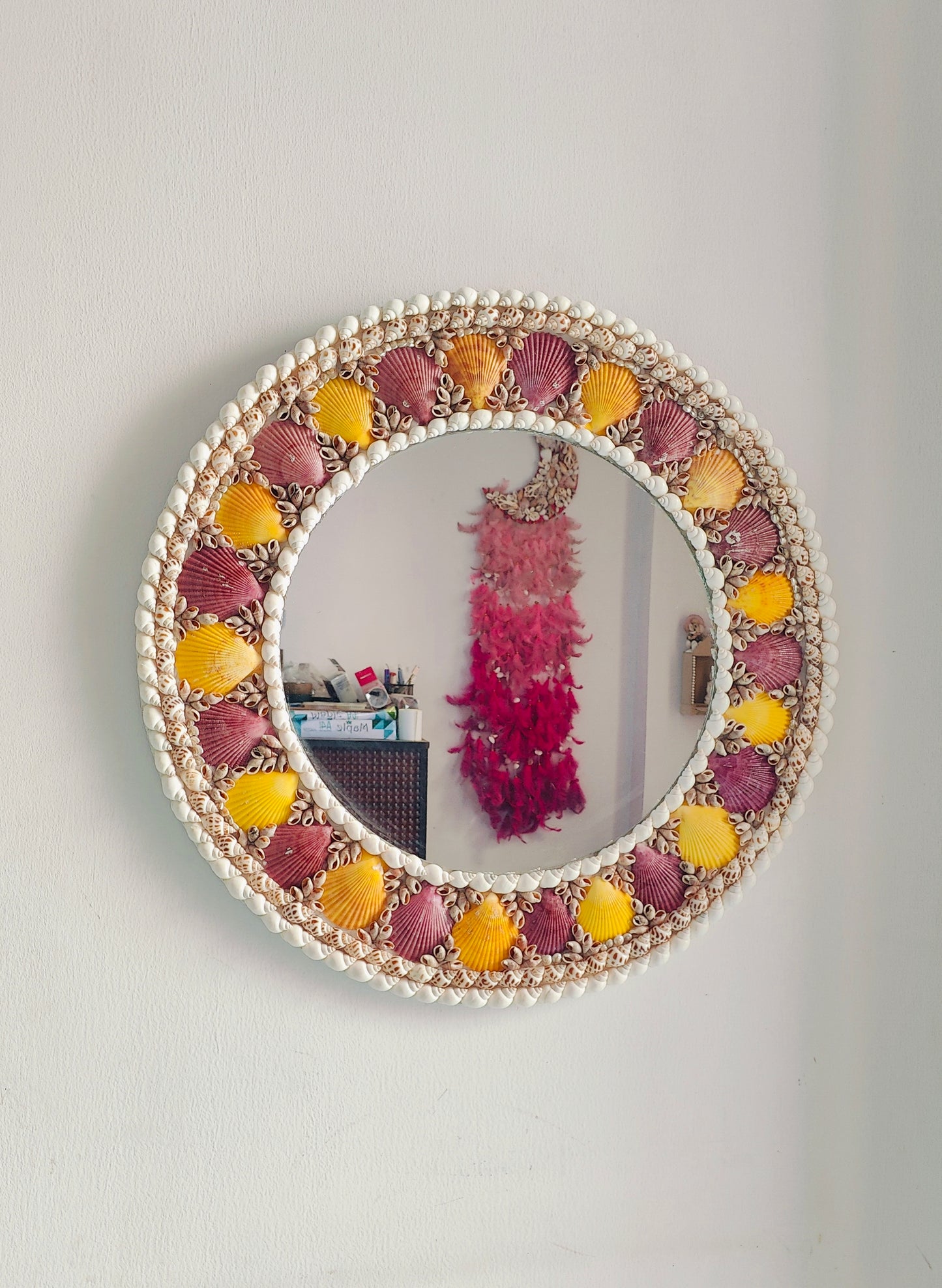 Handcrafted Seashell Wall Mirror – Round Coastal Decor with Yellow & Purple Shells - Shellkrafts