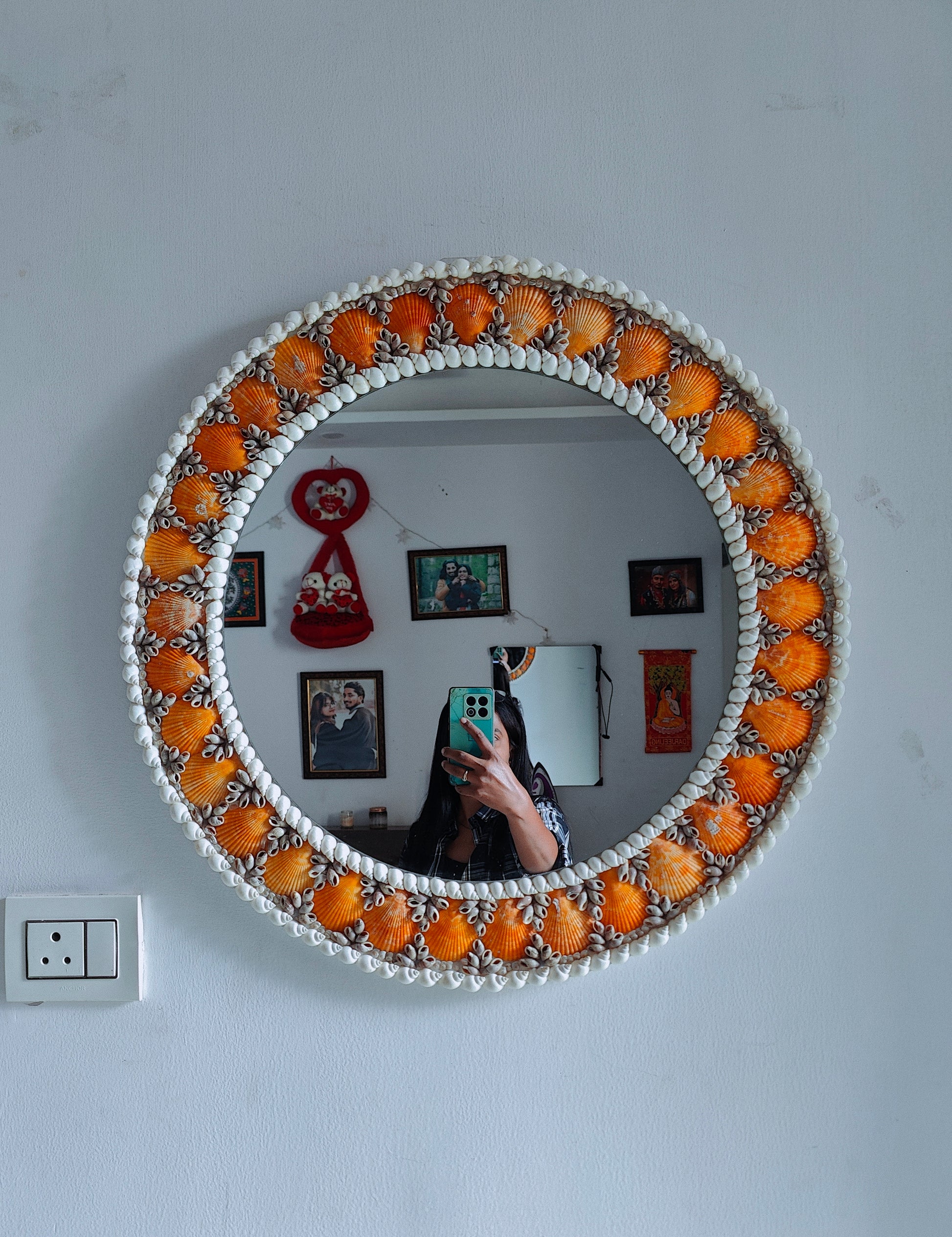 Sunset Tide: Handcrafted Mirror with Vibrant Orange Seashells 24inch - Shellkrafts