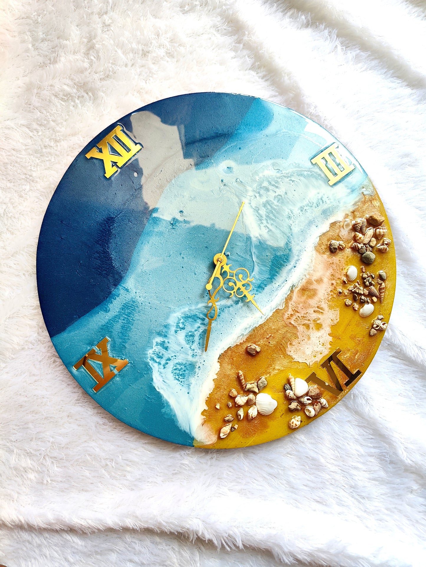 Ocean Shore Resin Wall Clock with Real Seashells - Shellkrafts