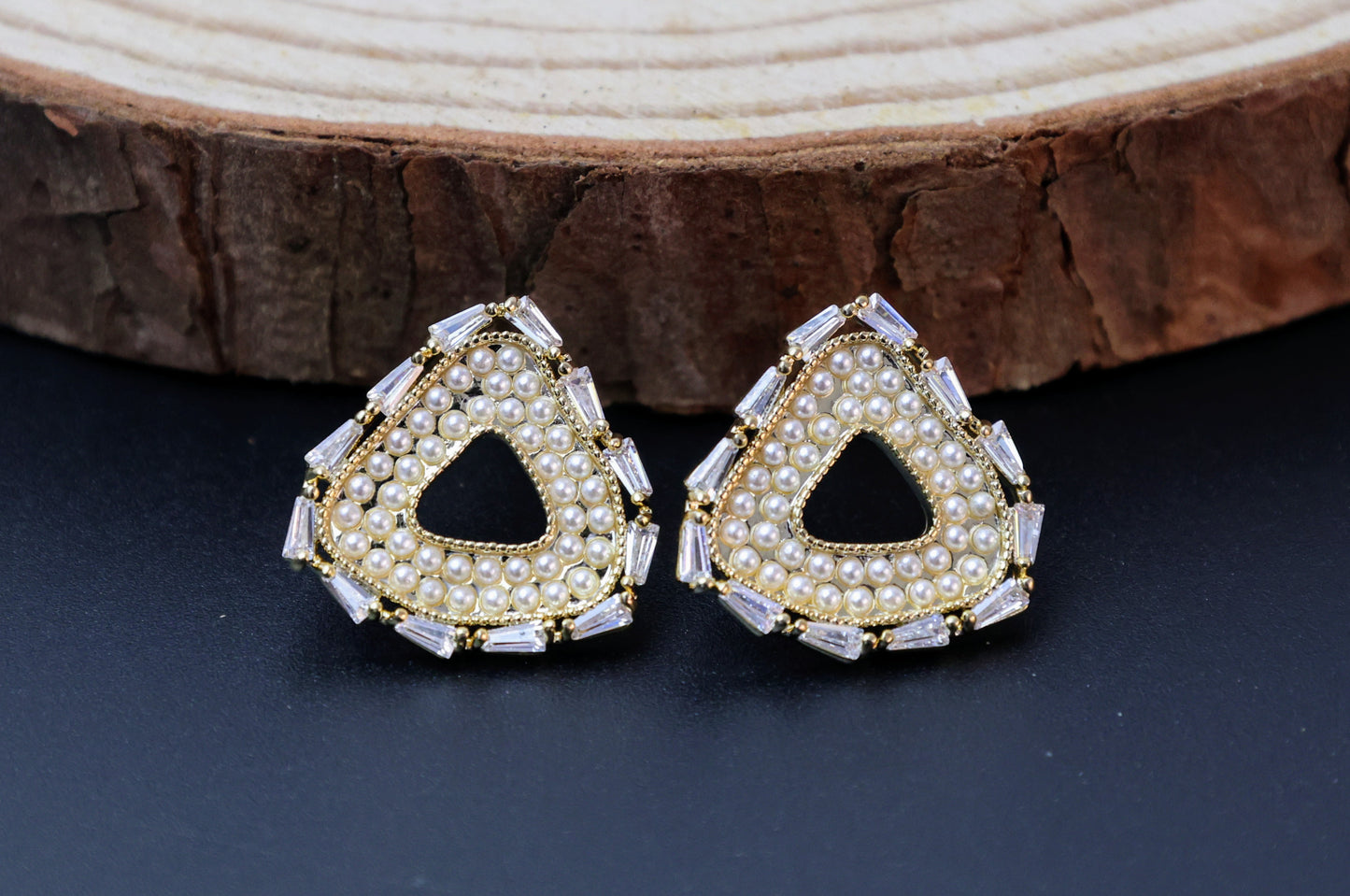 Triangular Pearl and crystal stud Earrings