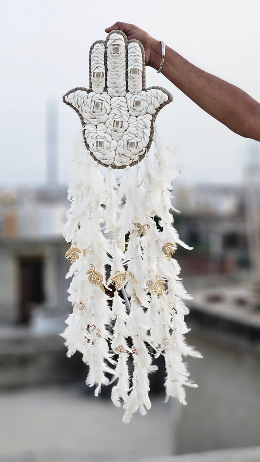 Hamsa Shell & Feather Dream Catcher – Symbol of Protection & Peace - Shellkrafts