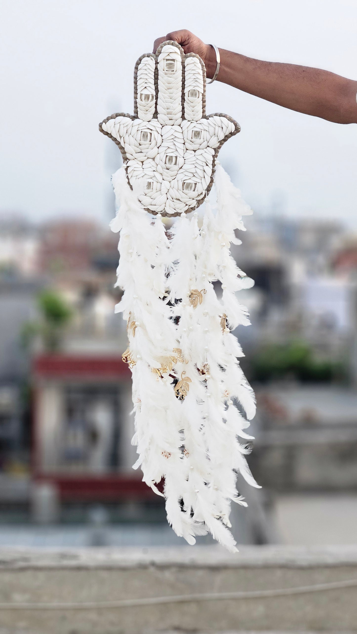 Hamsa Shell & Feather Dream Catcher – Symbol of Protection & Peace - Shellkrafts
