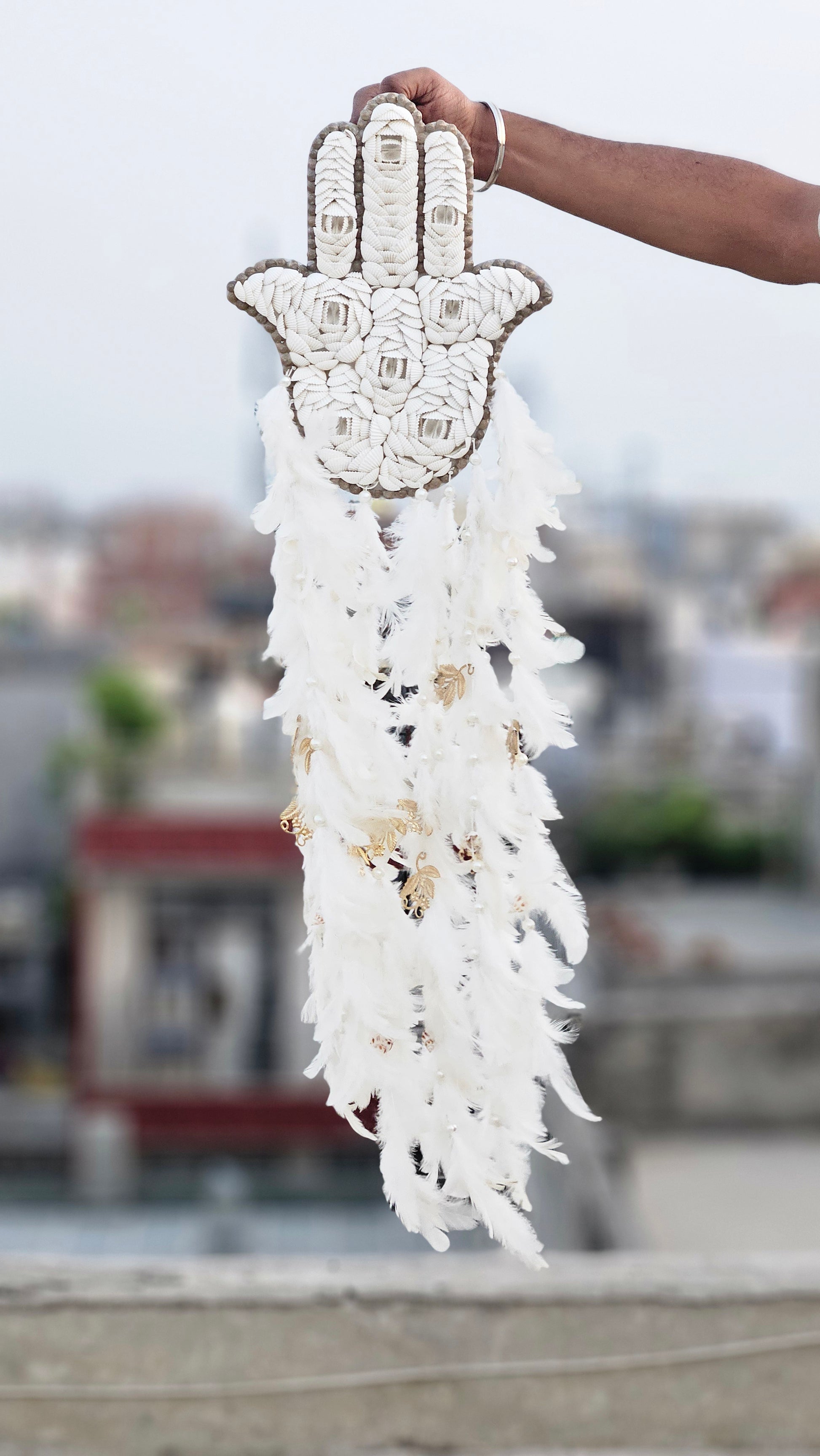 Hamsa Shell & Feather Dream Catcher – Symbol of Protection & Peace - Shellkrafts