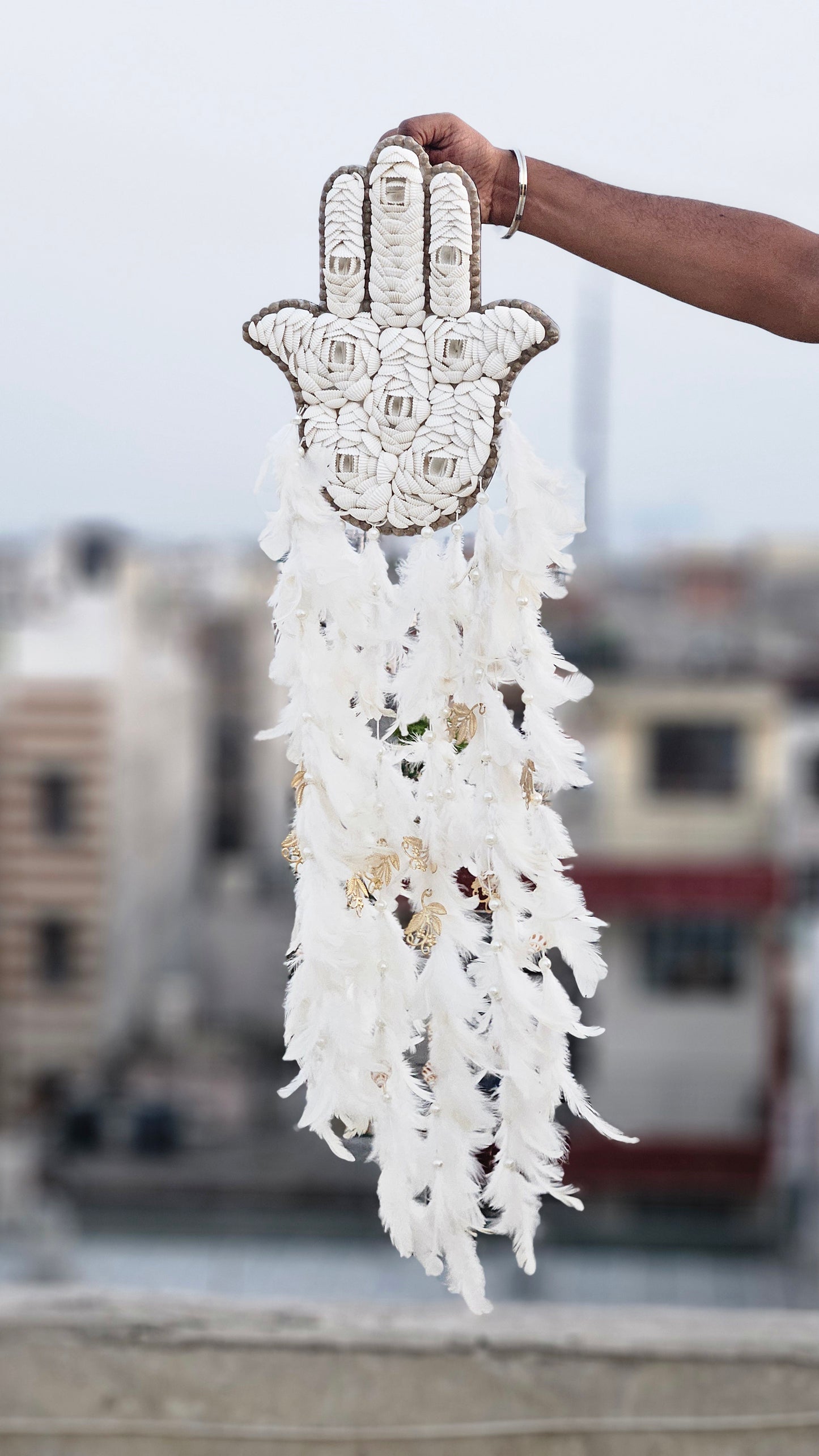 Hamsa Shell & Feather Dream Catcher – Symbol of Protection & Peace - Shellkrafts