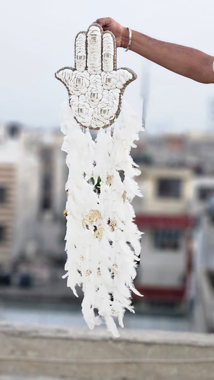 Hamsa Shell & Feather Dream Catcher – Symbol of Protection & Peace - Shellkrafts