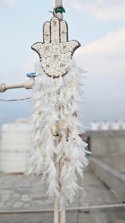 Hamsa Shell & Feather Dream Catcher – Symbol of Protection & Peace - Shellkrafts