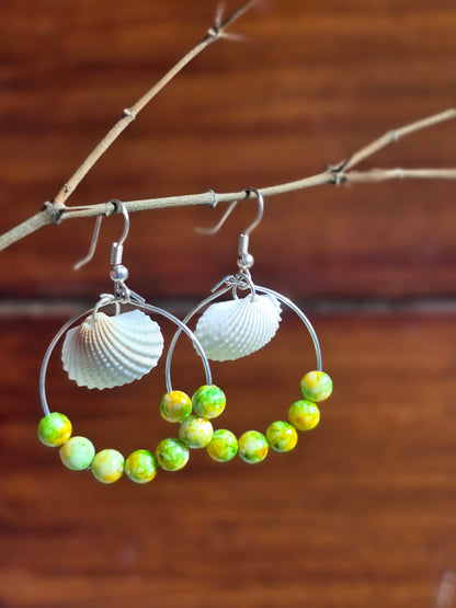 Shell Hoop Earrings with Green Stone Beads - Shellkrafts