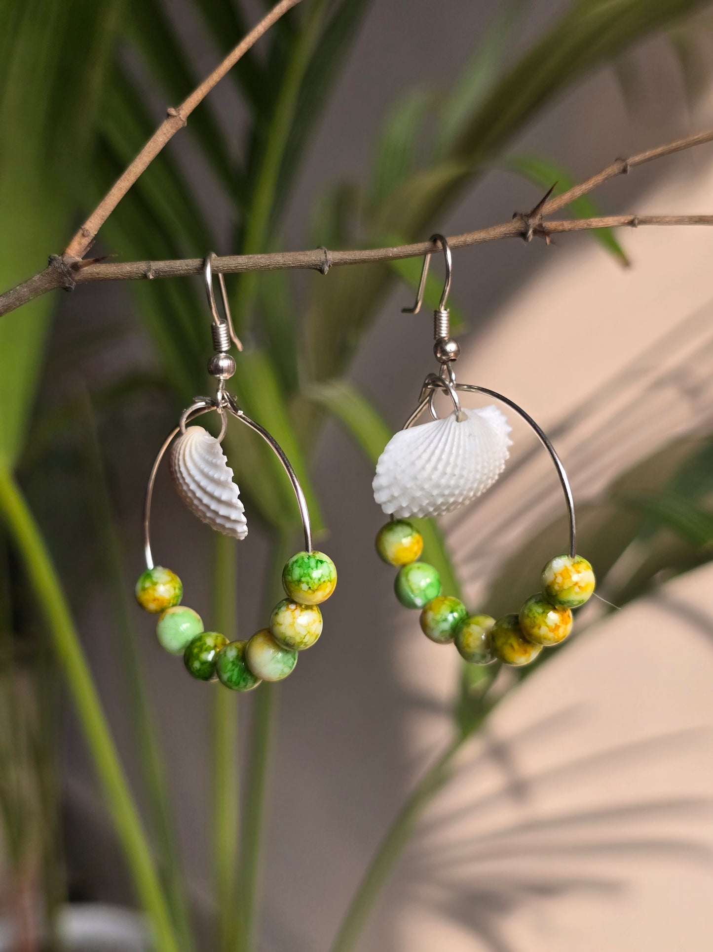Shell Hoop Earrings with Green Stone Beads