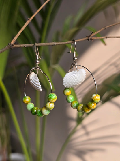 Shell Hoop Earrings with Green Stone Beads - Shellkrafts