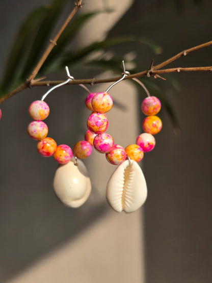 Pink beads Shell Hoop Earrings - Shellkrafts
