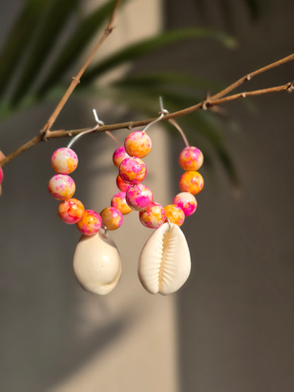 Pink beads Shell Hoop Earrings - Shellkrafts