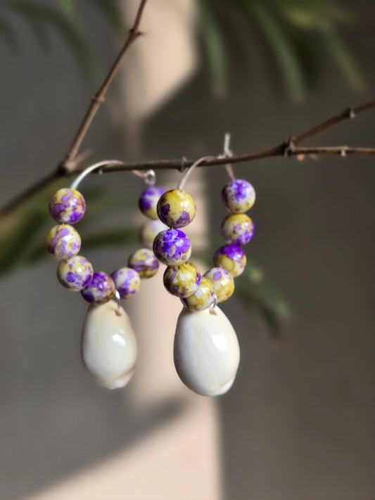 Purple beads Shell Hoop Earrings