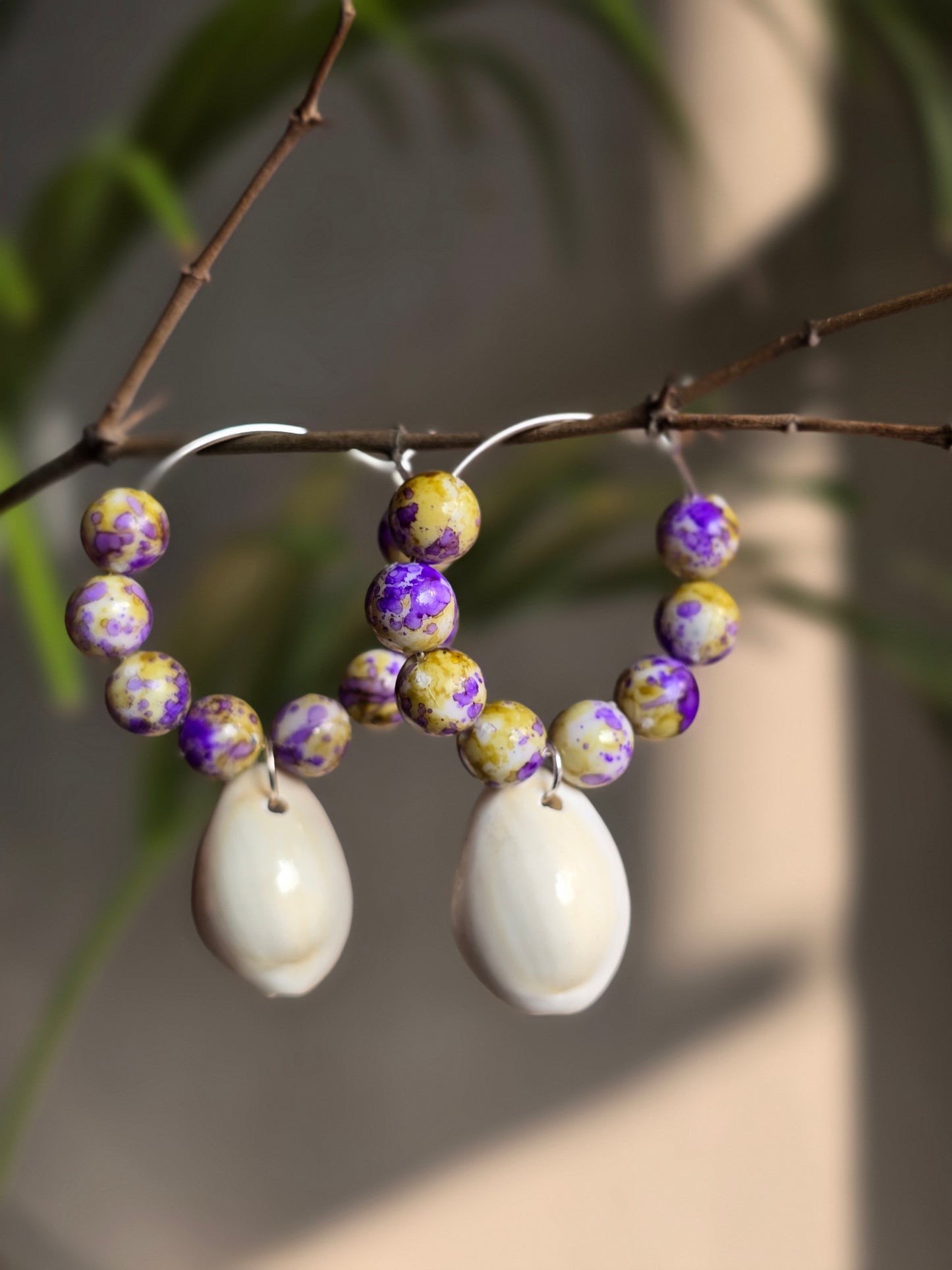 Purple beads Shell Hoop Earrings