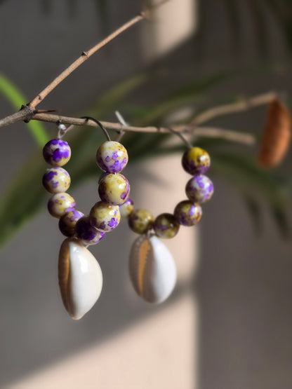 Purple beads Shell Hoop Earrings - Shellkrafts
