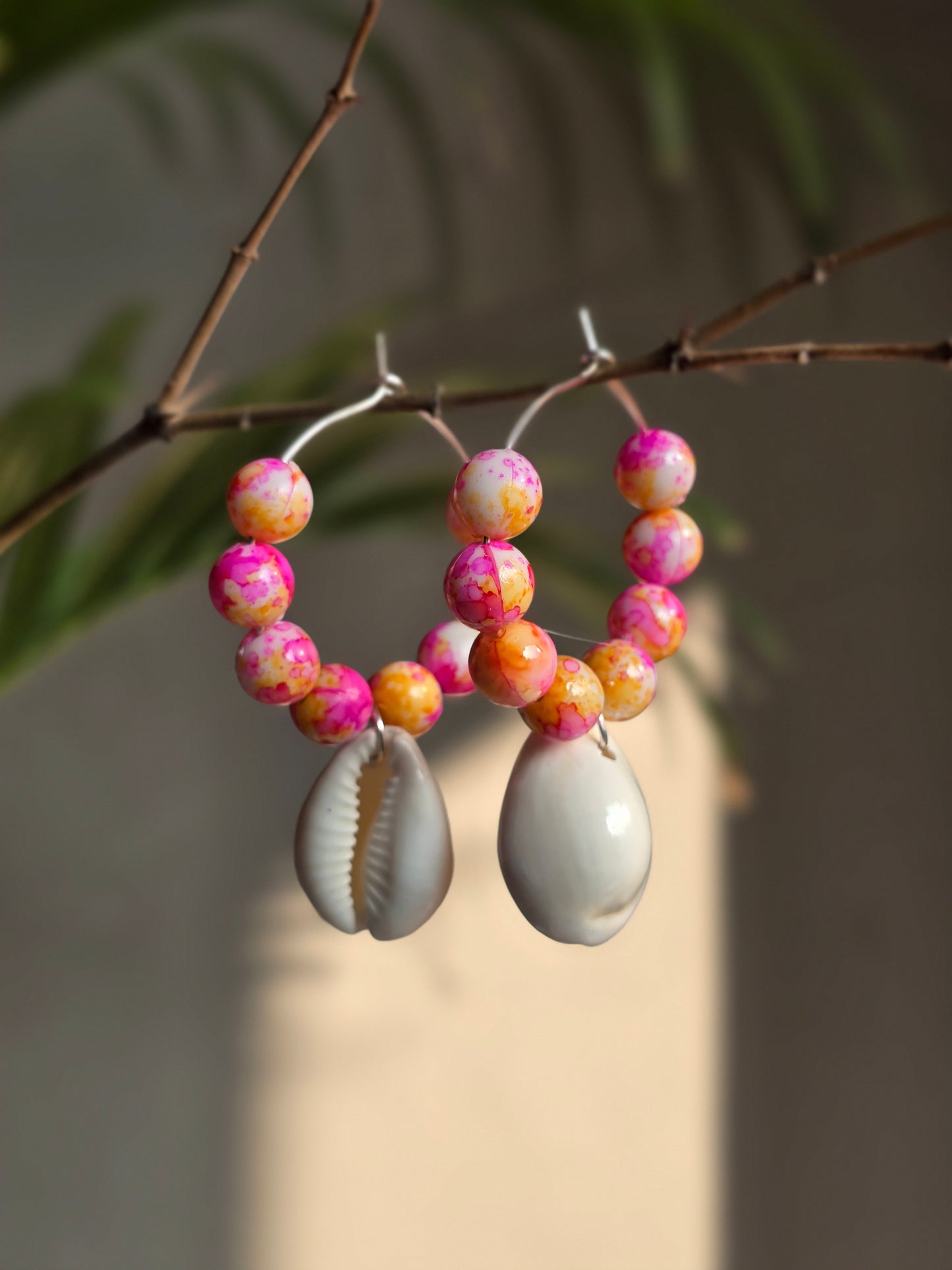 Pink beads Shell Hoop Earrings
