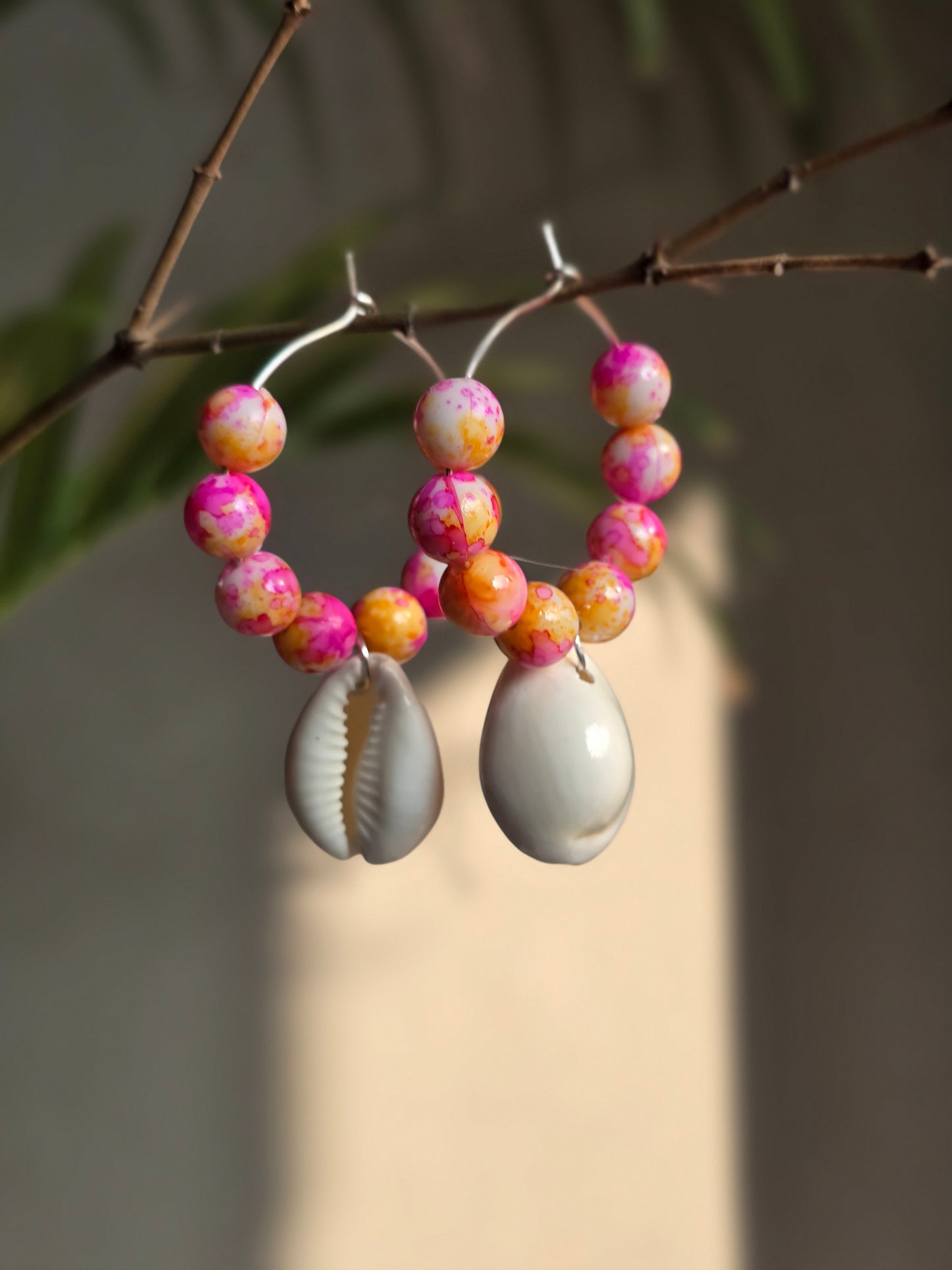 Pink beads Shell Hoop Earrings