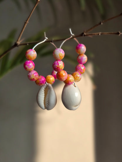 Pink beads Shell Hoop Earrings - Shellkrafts