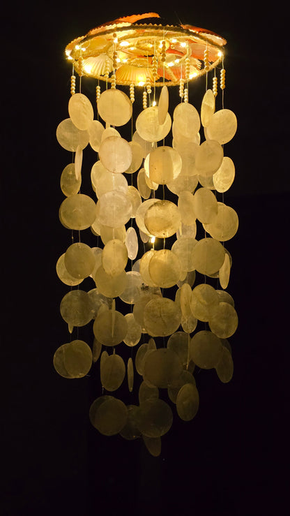 Handcrafted Capiz Shell Chandelier Wind Chime – Bohemian Hanging Light Decor - Shellkrafts