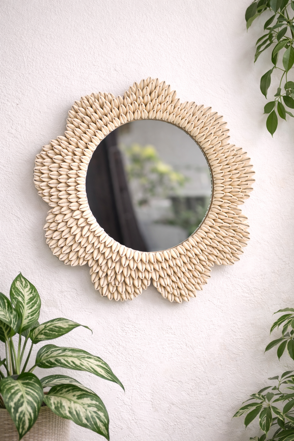 Sunflower Cowrie Shell Wall Mirror – Handcrafted Coastal Boho Décor 19inch - Shellkrafts