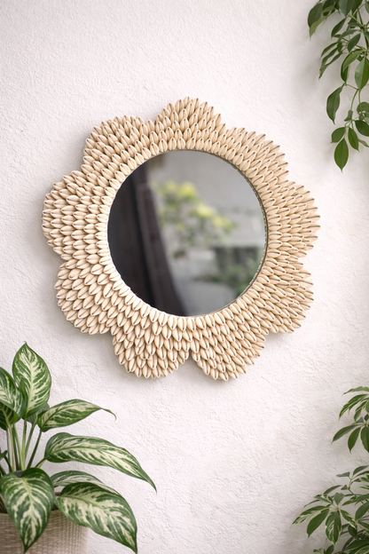 Sunflower Cowrie Shell Wall Mirror – Handcrafted Coastal Boho Décor 19inch - Shellkrafts