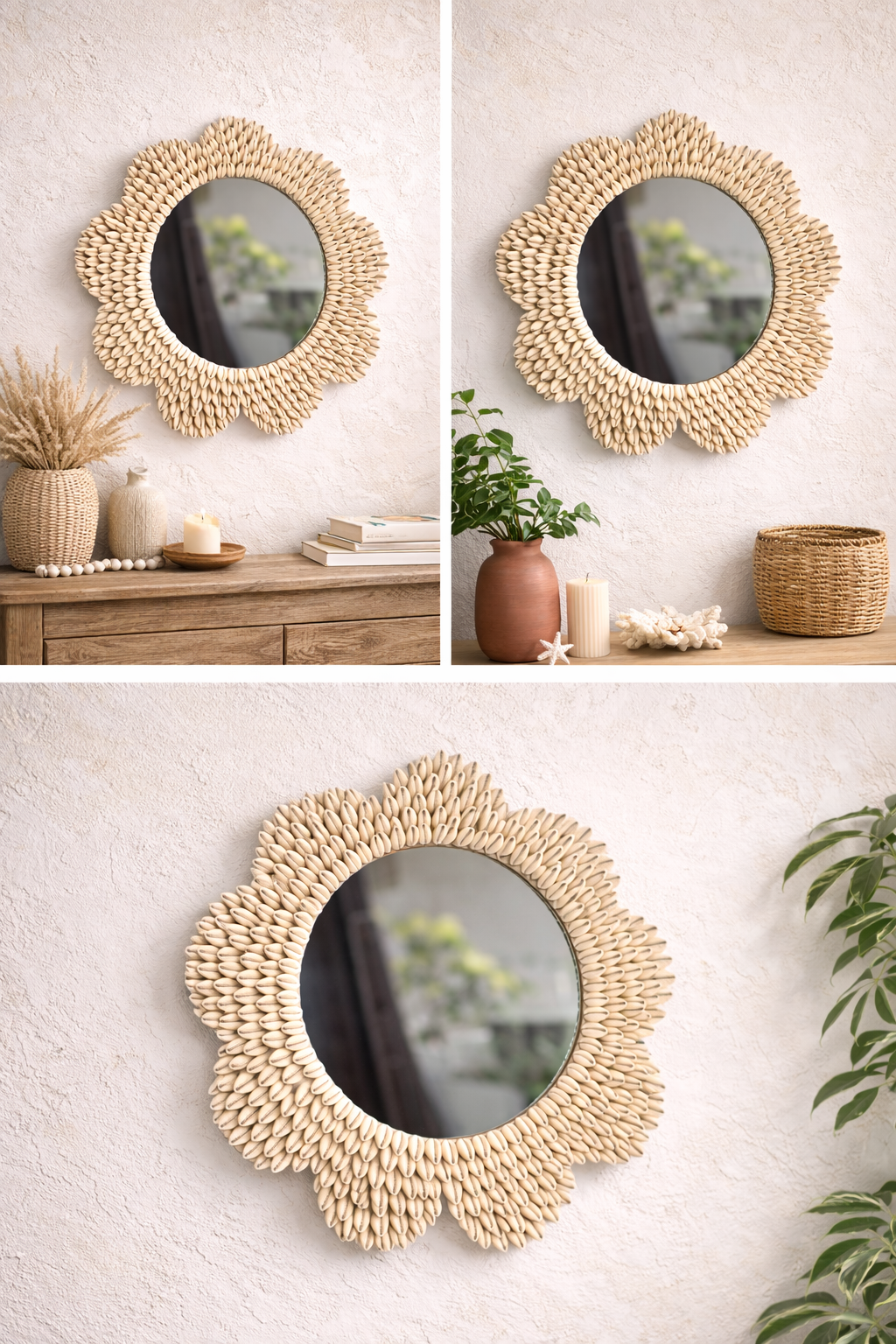Sunflower Cowrie Shell Wall Mirror – Handcrafted Coastal Boho Décor 19inch - Shellkrafts