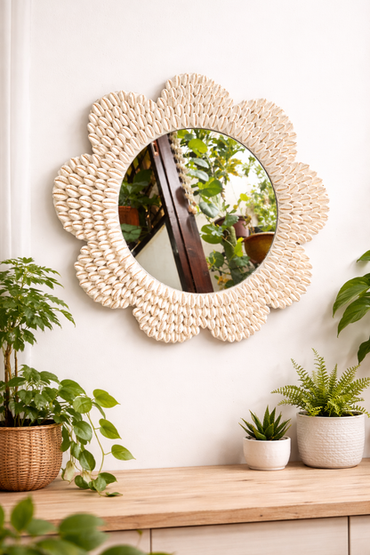 Handcrafted Seashell Wall Mirror – Coastal Boho Home Décor 18inch - Shellkrafts