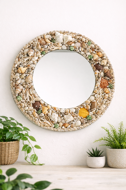 Handcrafted Coastal Seashell Mirror – Round Decorative Wall Mirror (20” Diameter)  Product Description: - Shellkrafts