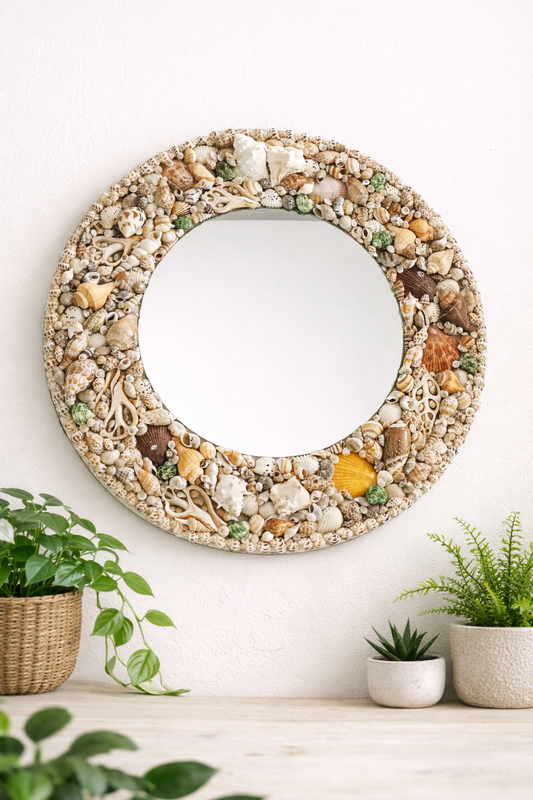 Handcrafted Coastal Seashell Mirror – Round Decorative Wall Mirror (20” Diameter)  Product Description: - Shellkrafts