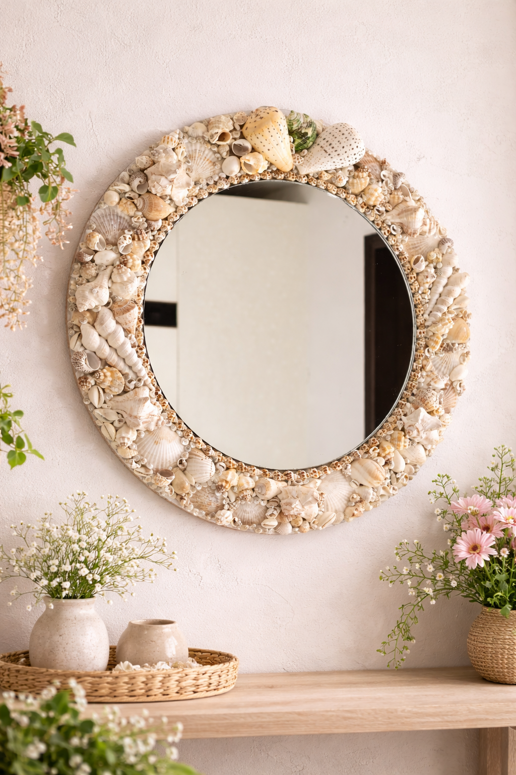 Handcrafted Seashell Round Mirror – Coastal Nautical Wall Décor 16inch - Shellkrafts