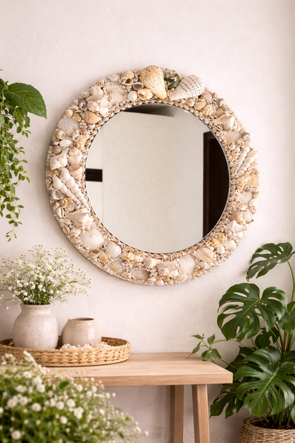 Handcrafted Seashell Round Mirror – Coastal Nautical Wall Décor 16inch - Shellkrafts