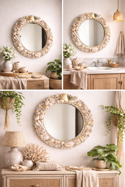 Handcrafted Seashell Round Mirror – Coastal Nautical Wall Décor 16inch - Shellkrafts