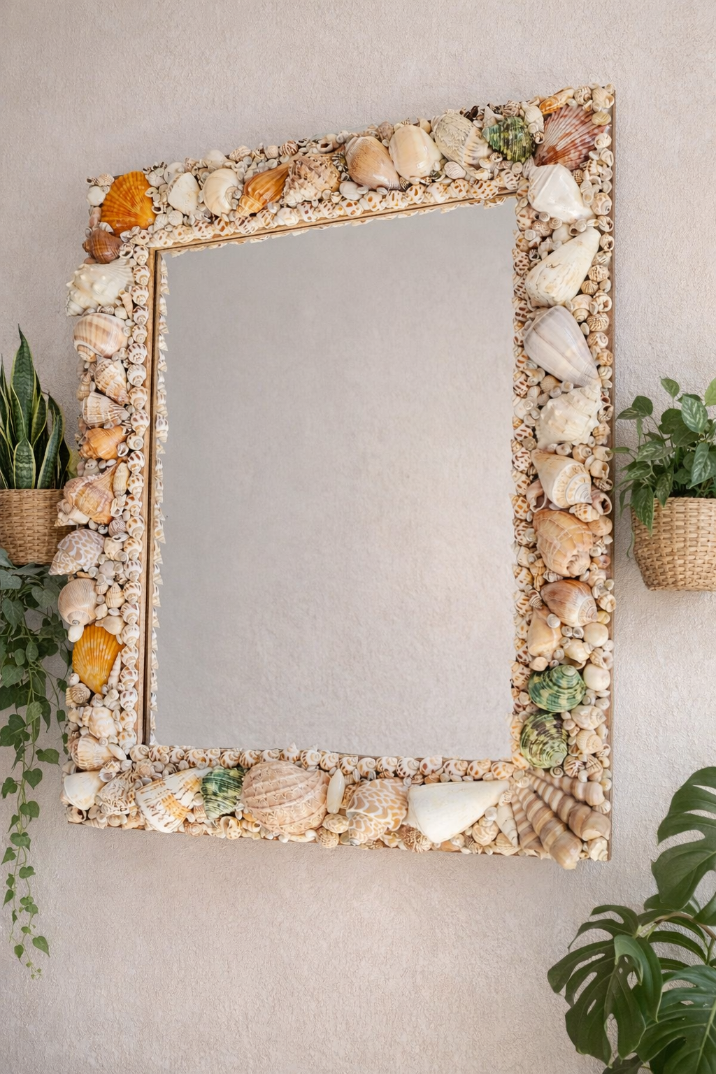 Handcrafted Square Seashell Mirror – Coastal Beach-Inspired Wall Décor 15x19Inch - Shellkrafts