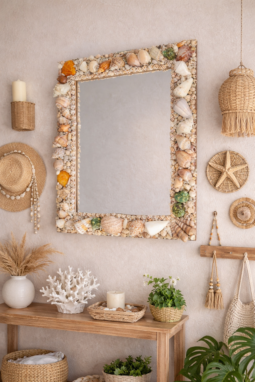 Handcrafted Square Seashell Mirror – Coastal Beach-Inspired Wall Décor 15x19Inch - Shellkrafts