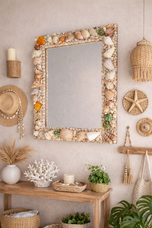 Handcrafted Square Seashell Mirror – Coastal Beach-Inspired Wall Décor 15x19Inch - Shellkrafts
