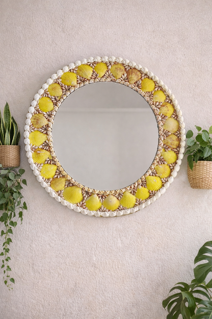 Handcrafted Floral Sunburst Mirror – Boho Wall Décor Accent 18inch - Shellkrafts