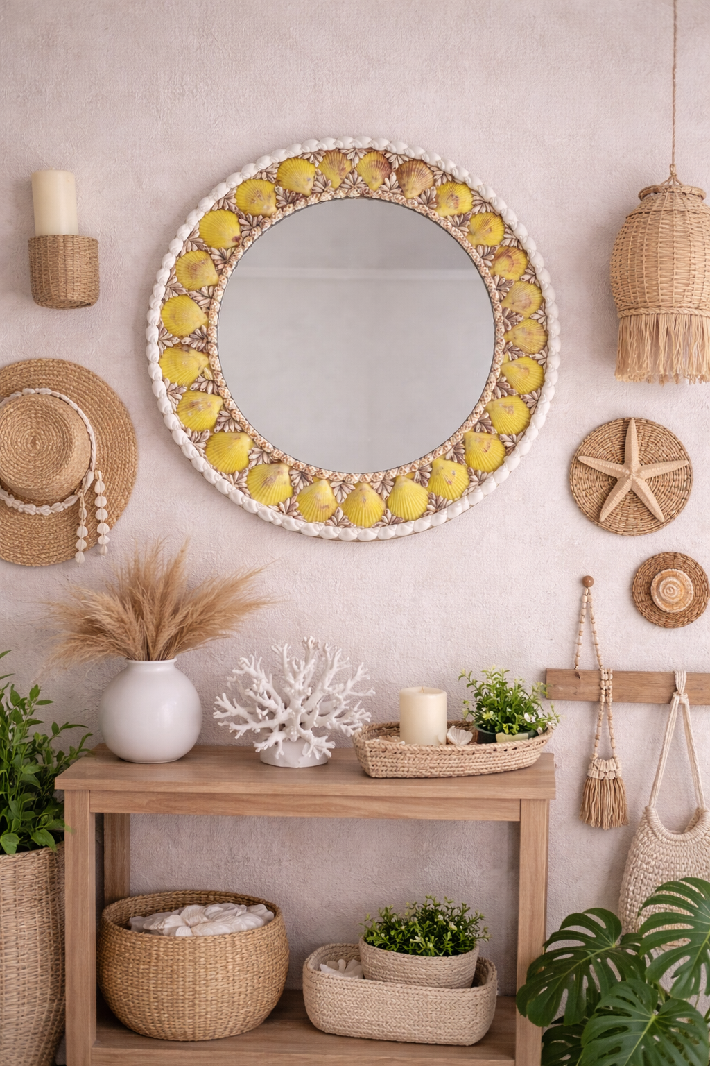 Handcrafted Floral Sunburst Mirror – Boho Wall Décor Accent 18inch - Shellkrafts