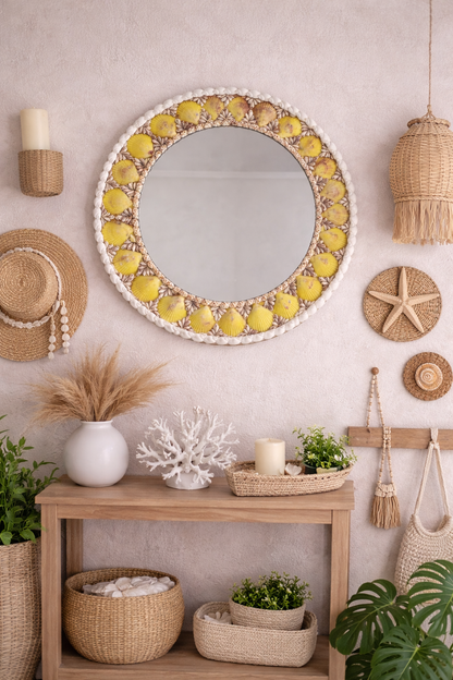 Handcrafted Floral Sunburst Mirror – Boho Wall Décor Accent 18inch - Shellkrafts