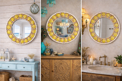 Handcrafted Floral Sunburst Mirror – Boho Wall Décor Accent 18inch - Shellkrafts