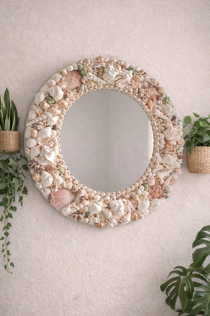 Handcrafted Round Sea Shell Mirror – Coastal Wall Decor 18inch - Shellkrafts