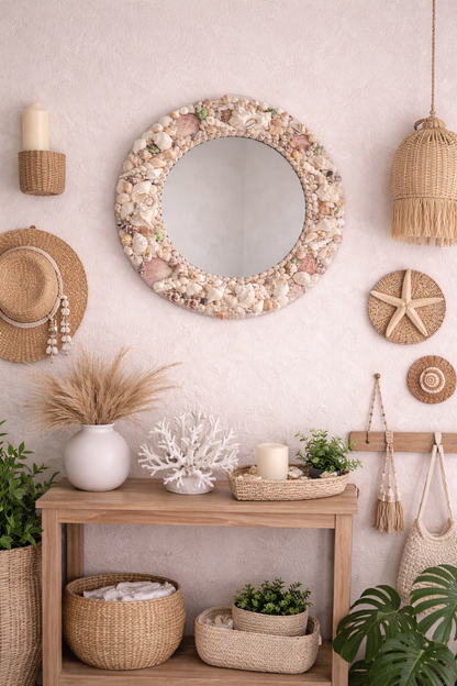 Handcrafted Round Sea Shell Mirror – Coastal Wall Decor 18inch - Shellkrafts