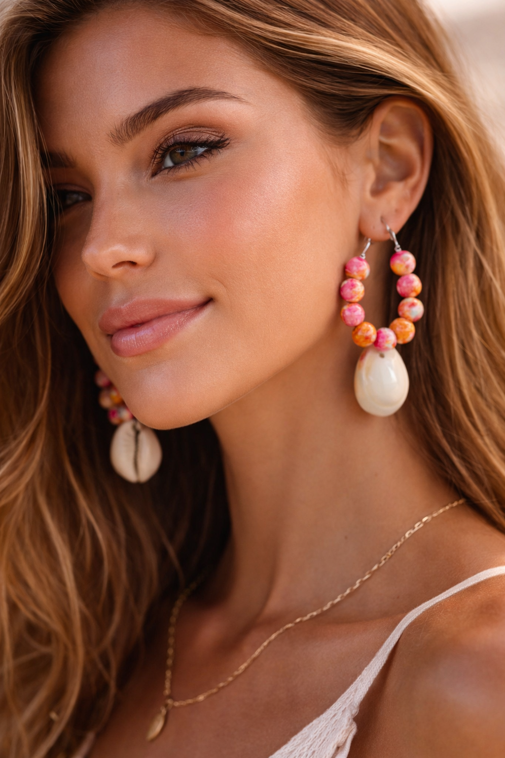 Pink beads Shell Hoop Earrings