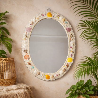 Costal sea shell Mirror-Handcrafted with white sand 16x22inch - Shellkrafts