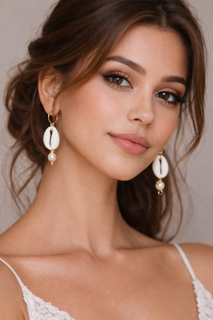 Bohemian Cowrie Shell Pearl Drop Earrings for Women - Shellkrafts