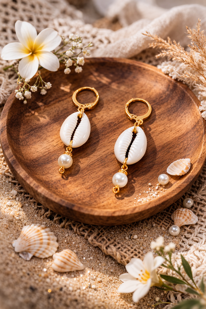 Bohemian Cowrie Shell Pearl Drop Earrings for Women - Shellkrafts