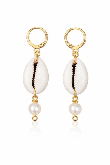 Bohemian Cowrie Shell Pearl Drop Earrings for Women - Shellkrafts